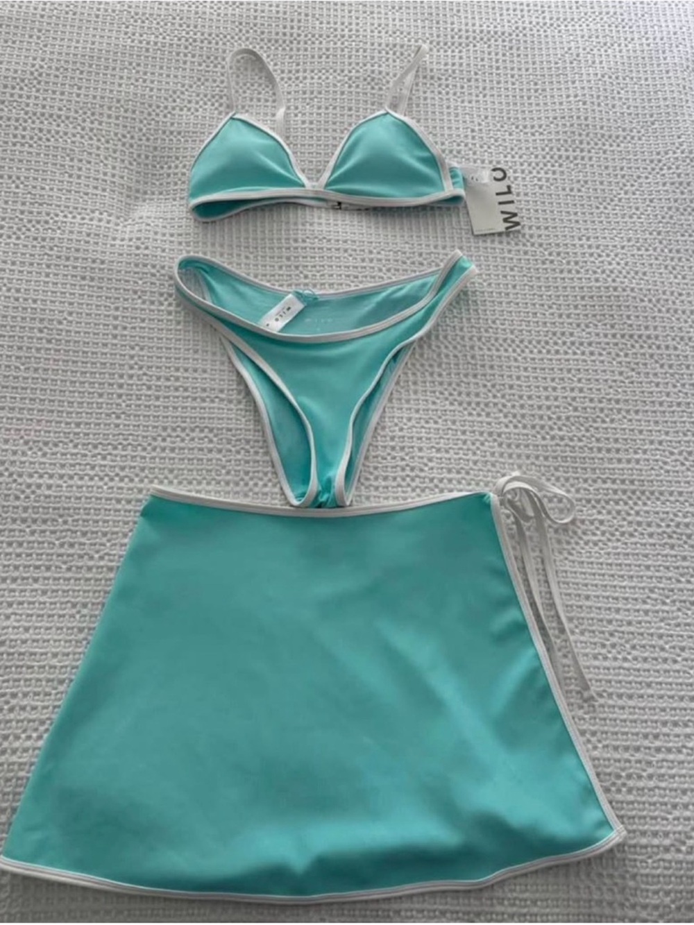 NWOT Wilo The Label Aqua Mint Triangle Bikini Set with Side Tie Skirt